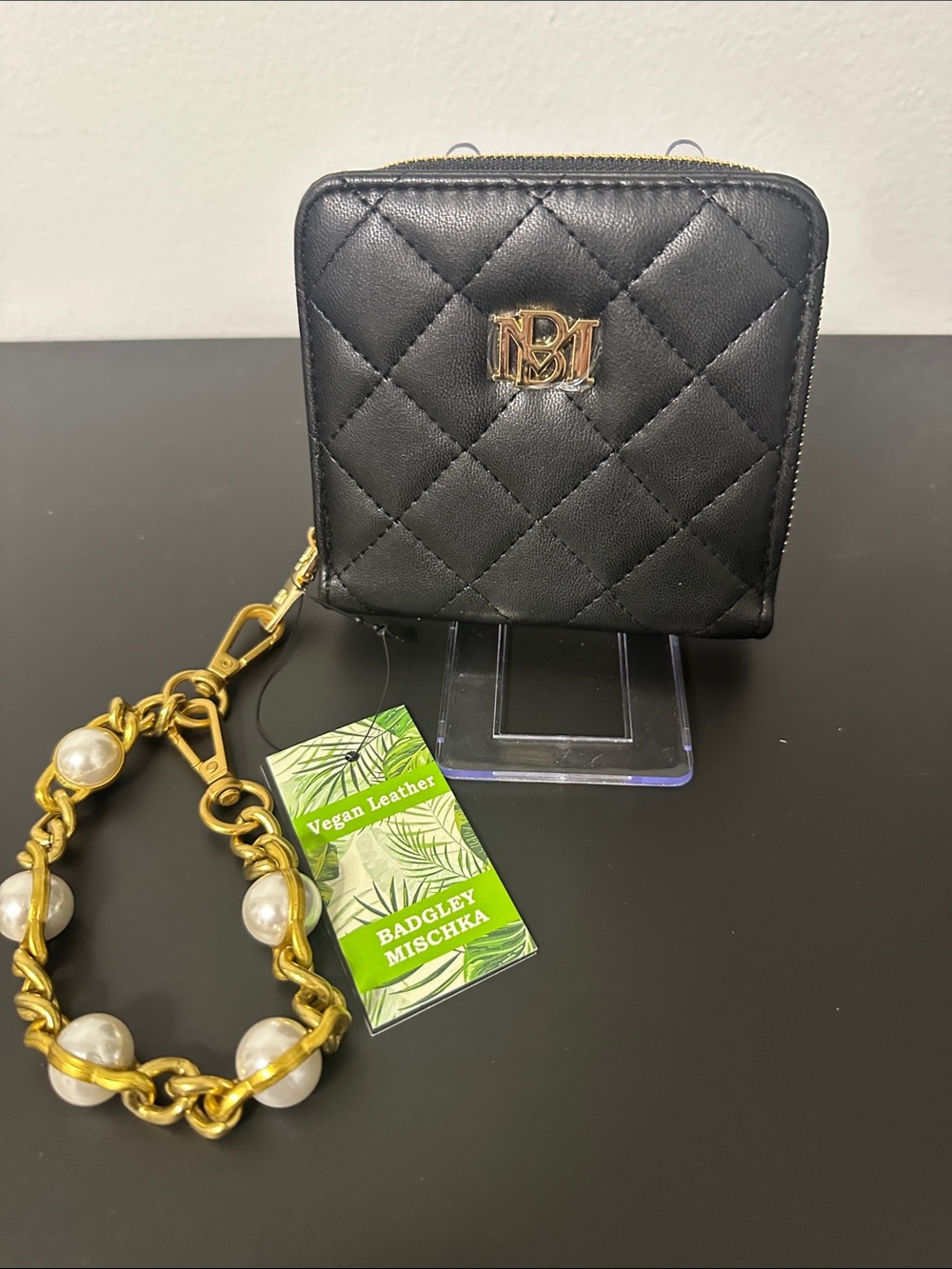 Badgley Mischka Black Quilted Wallet with Gold Chain & Pearl Accents